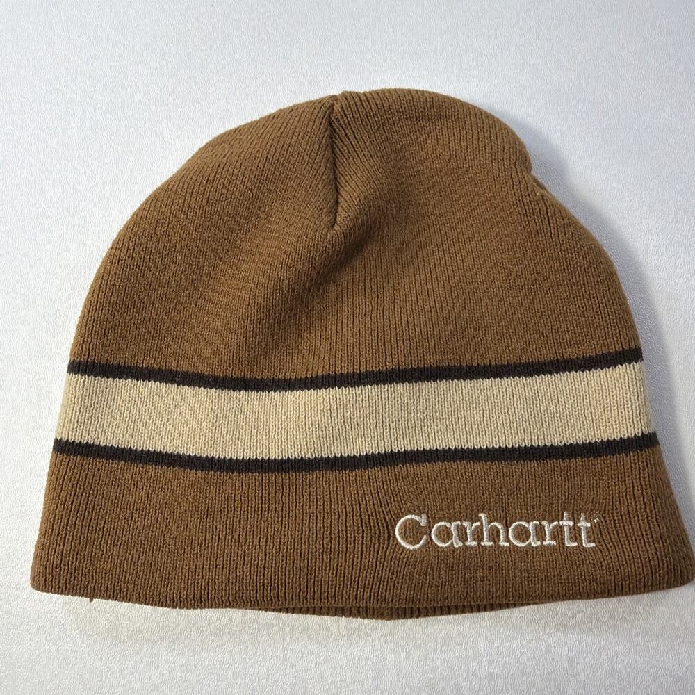 Vintage Y2K Carhartt Beanie Cap Hat One Brown Embroidered Skate Tan Stripe